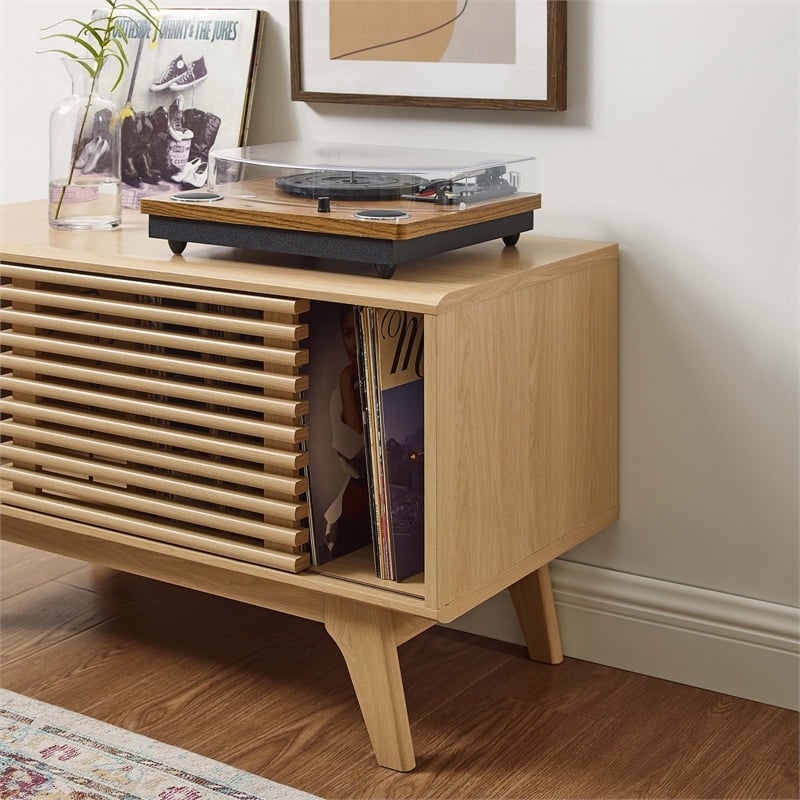 Pemberly Row Wood & Vinyl Record Display Stand with Sliding Door in Oak