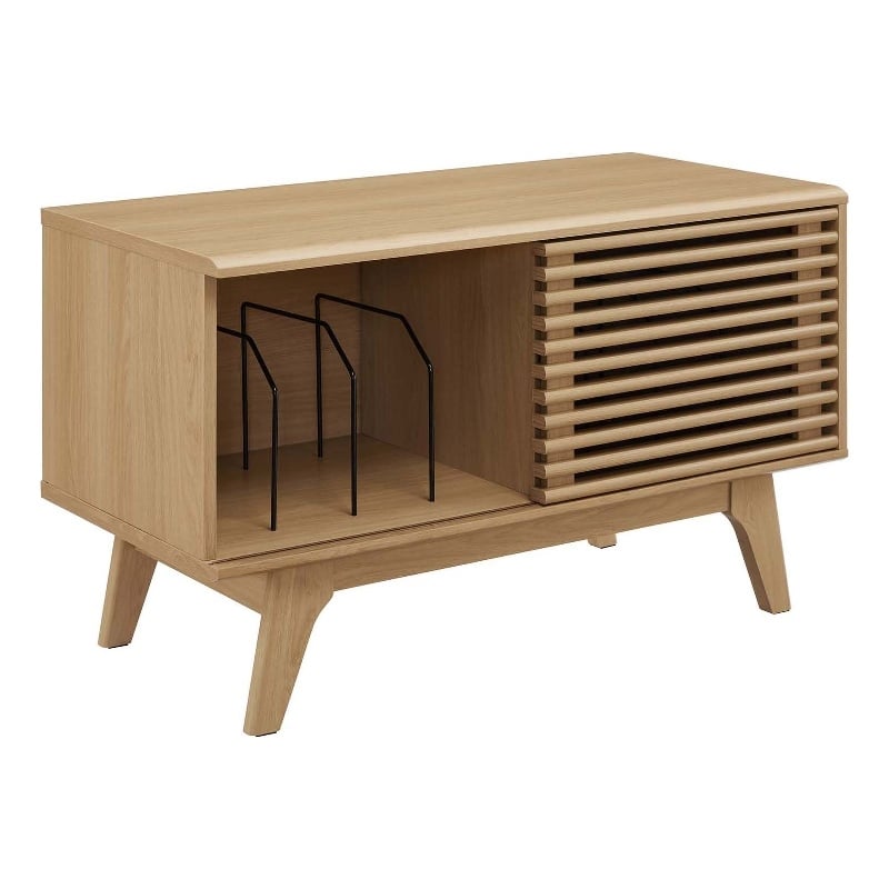 Pemberly Row Wood & Vinyl Record Display Stand with Sliding Door in Oak