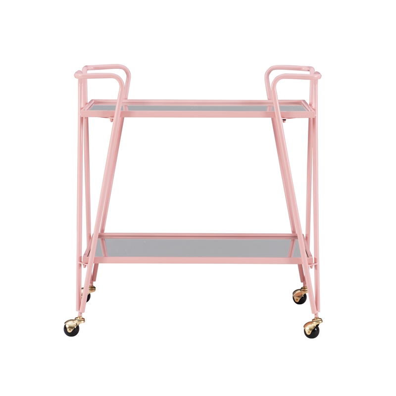 Pemberly Row Metal and Mirrored 2-Level Rolling Bar Cart in Pink