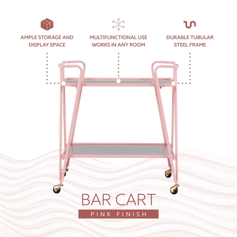 Pemberly Row Metal and Mirrored 2-Level Rolling Bar Cart in Pink
