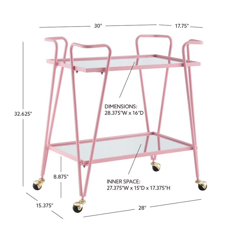 Pemberly Row Metal and Mirrored 2-Level Rolling Bar Cart in Pink