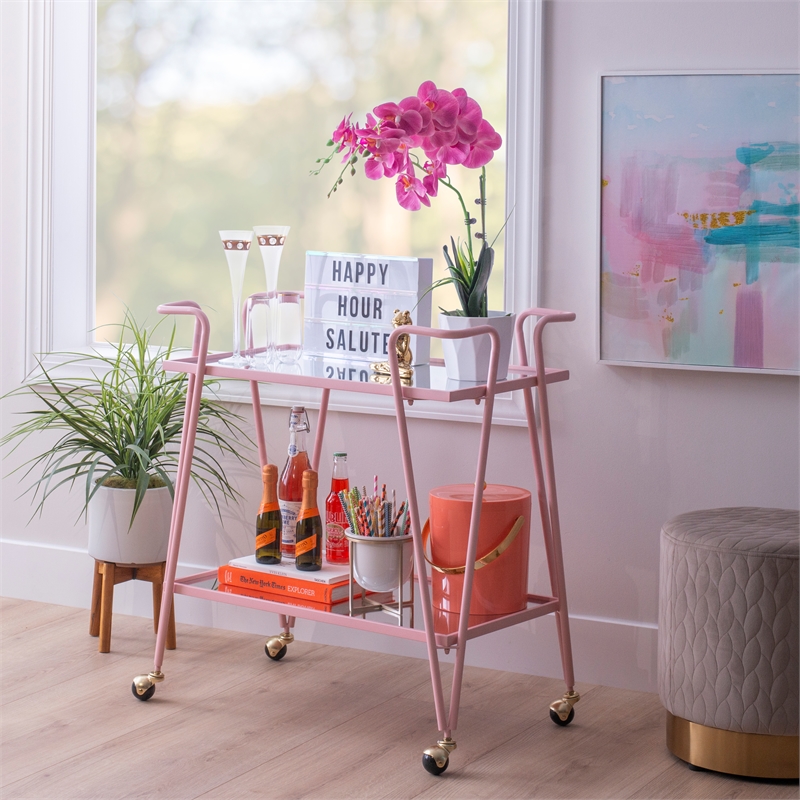 Pemberly Row Metal and Mirrored 2-Level Rolling Bar Cart in Pink