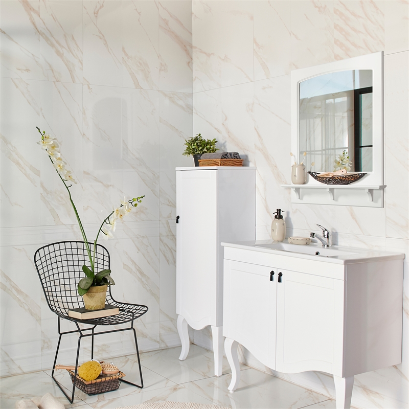 Pemberly Row Concord Wall Mirror Wood Frame with Shelf in White