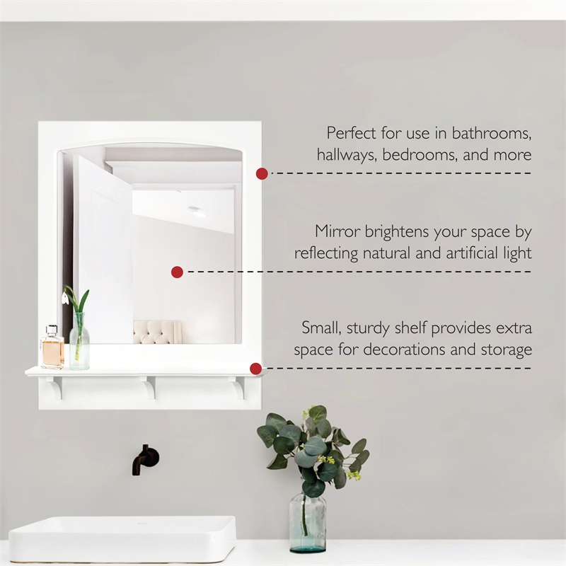 Pemberly Row Concord Wall Mirror Wood Frame with Shelf in White