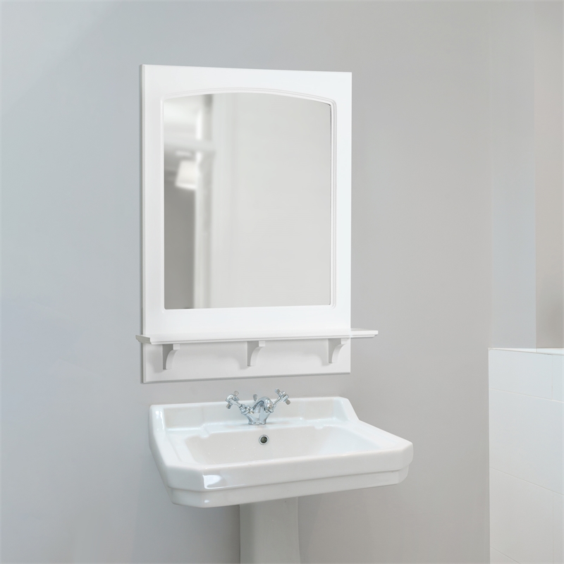 Pemberly Row Concord Wall Mirror Wood Frame with Shelf in White
