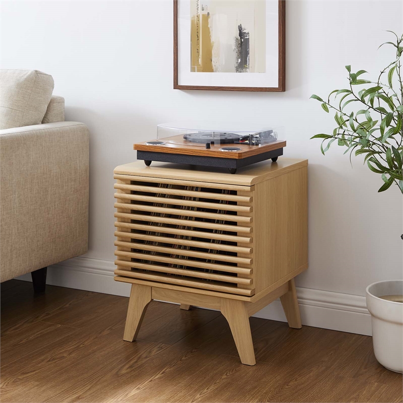 Pemberly Row Vinyl Record Display Stand with Hinged Door in Oak