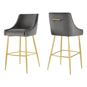 Pemberly Row 29.5&quot Velvet Bar Stools with Gold Base in Gray (Set of 2)