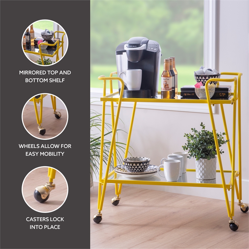 Pemberly Row Metal Rolling Bar Cart with Mirrored Shelves in Yellow