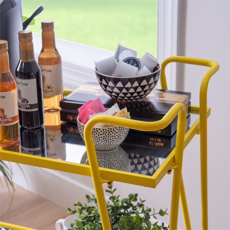 Pemberly Row Metal Rolling Bar Cart with Mirrored Shelves in Yellow
