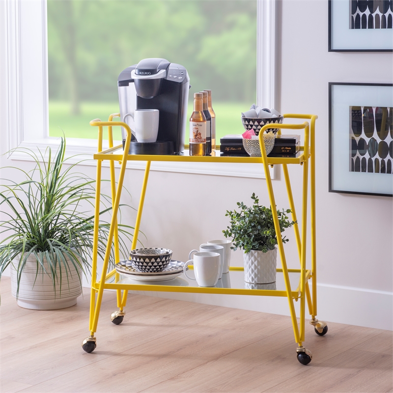 Pemberly Row Metal Rolling Bar Cart with Mirrored Shelves in Yellow