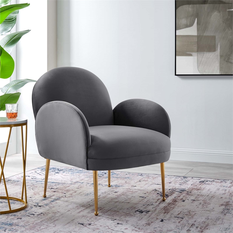 Pemberly Row Performance Velvet Armchair with Gold Legs in Gray