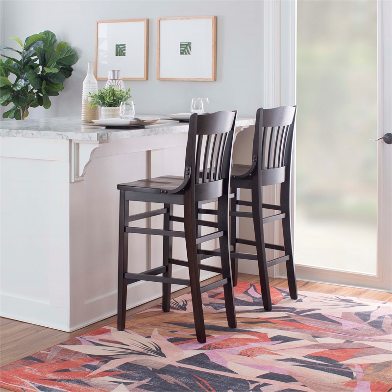 Pemberly Row Set of 2 Slat Back Wood Bar Stools in Dark Brown Finish