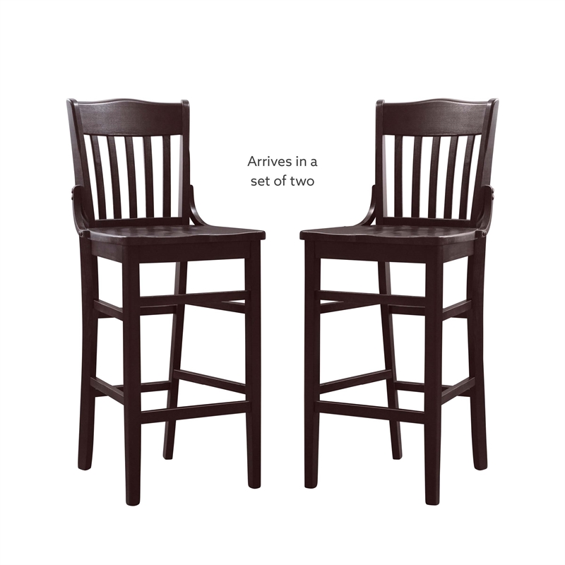 Pemberly Row Set of 2 Slat Back Wood Bar Stools in Dark Brown Finish
