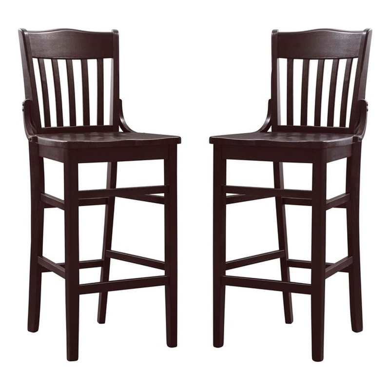 Pemberly Row Set of 2 Slat Back Wood Bar Stools in Dark Brown Finish