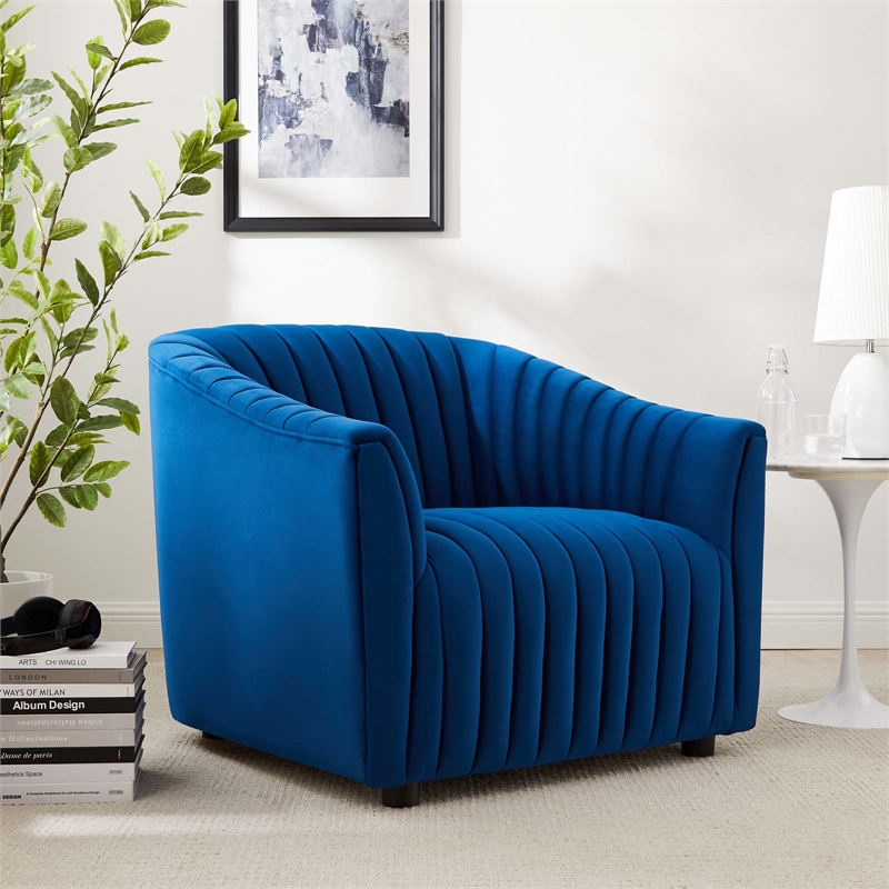 Pemberly Row Channel Tufted Velvet Armchair in Navy