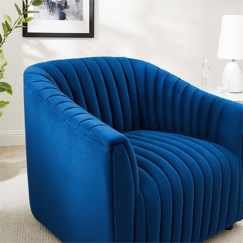 Pemberly Row Channel Tufted Velvet Armchair in Navy