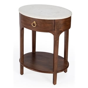 Pemberly Row Oval Marble Nightstand with Wooden Frame in Brown