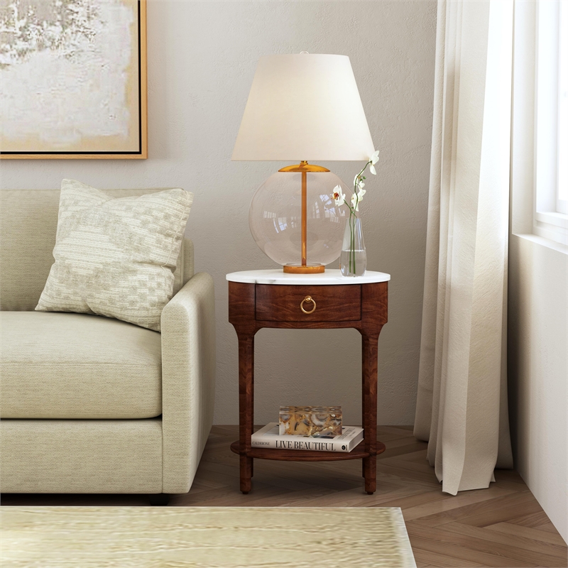 Pemberly Row Oval Marble Nightstand with Wooden Frame in Brown