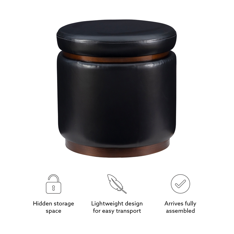 Pemberly Row Round Storage Ottoman in Black Faux Leather with Wood Trim