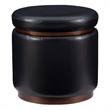 Pemberly Row Round Storage Ottoman in Black Faux Leather with Wood Trim