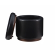 Pemberly Row Round Storage Ottoman in Black Faux Leather with Wood Trim