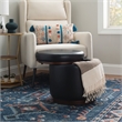 Pemberly Row Round Storage Ottoman in Black Faux Leather with Wood Trim