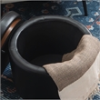 Pemberly Row Round Storage Ottoman in Black Faux Leather with Wood Trim