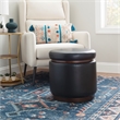 Pemberly Row Round Storage Ottoman in Black Faux Leather with Wood Trim