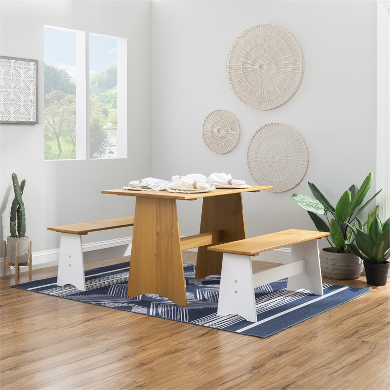 Pemberly Row Two-Tone Backless Pine Bench in White and Natural Finish