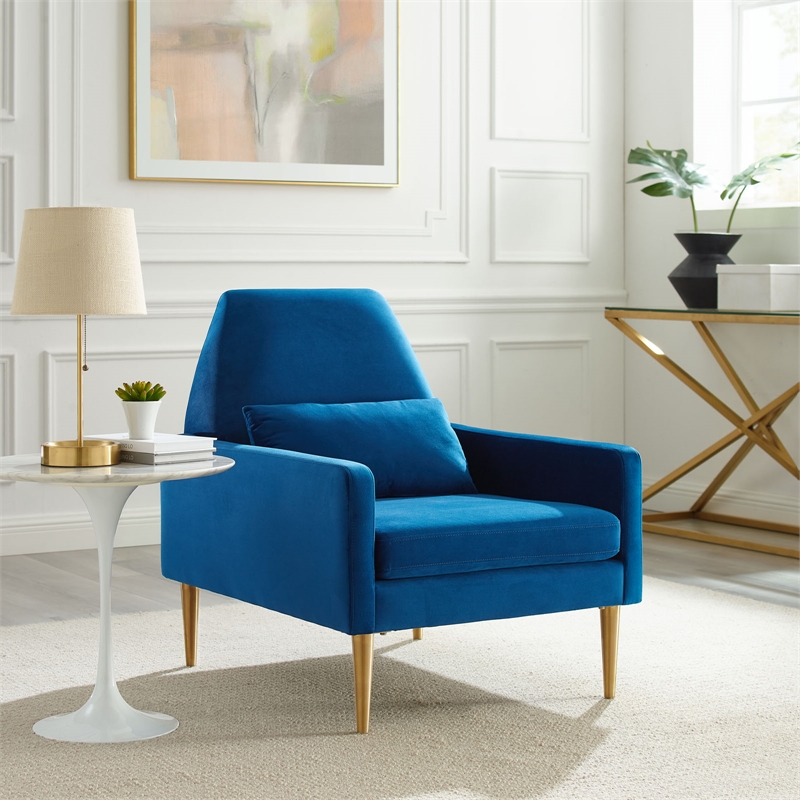 Pemberly Row Navy Velvet Armchair with Gold Stainless Steel Base