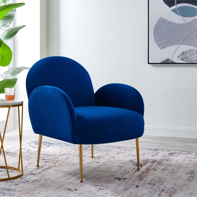 Pemberly Row Velvet Armchair with Gold Legs in Navy Blue