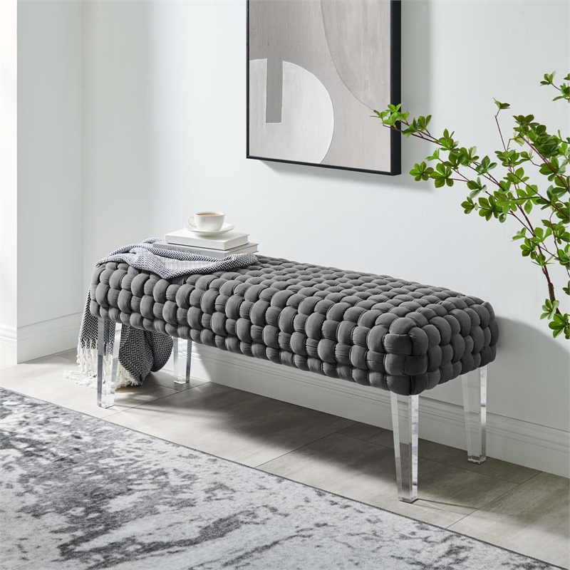 Pemberly Row Velvet Woven Ottoman with Acrylic Legs in Gray