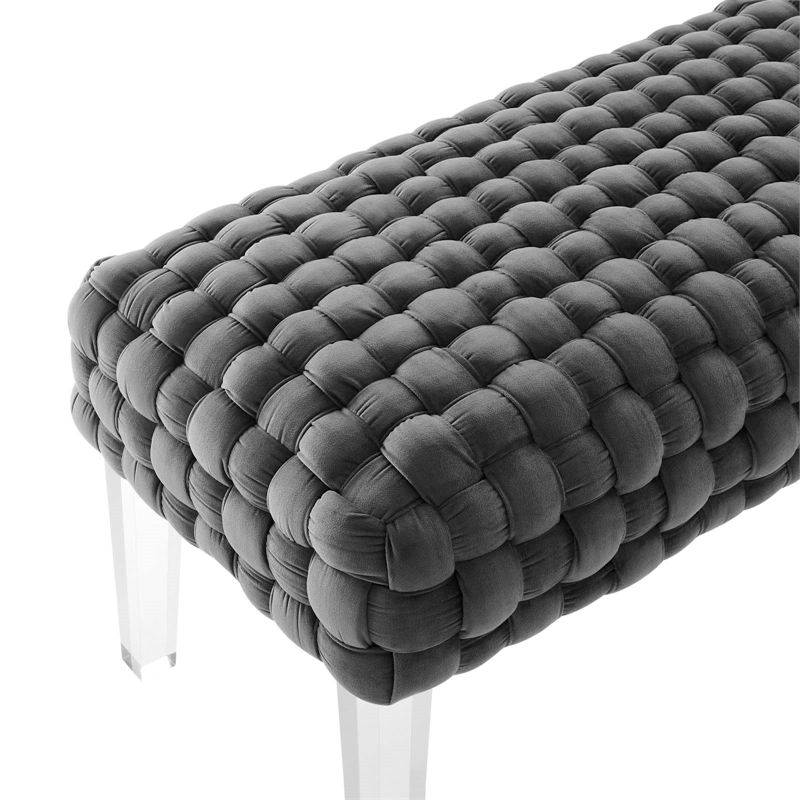 Pemberly Row Velvet Woven Ottoman with Acrylic Legs in Gray