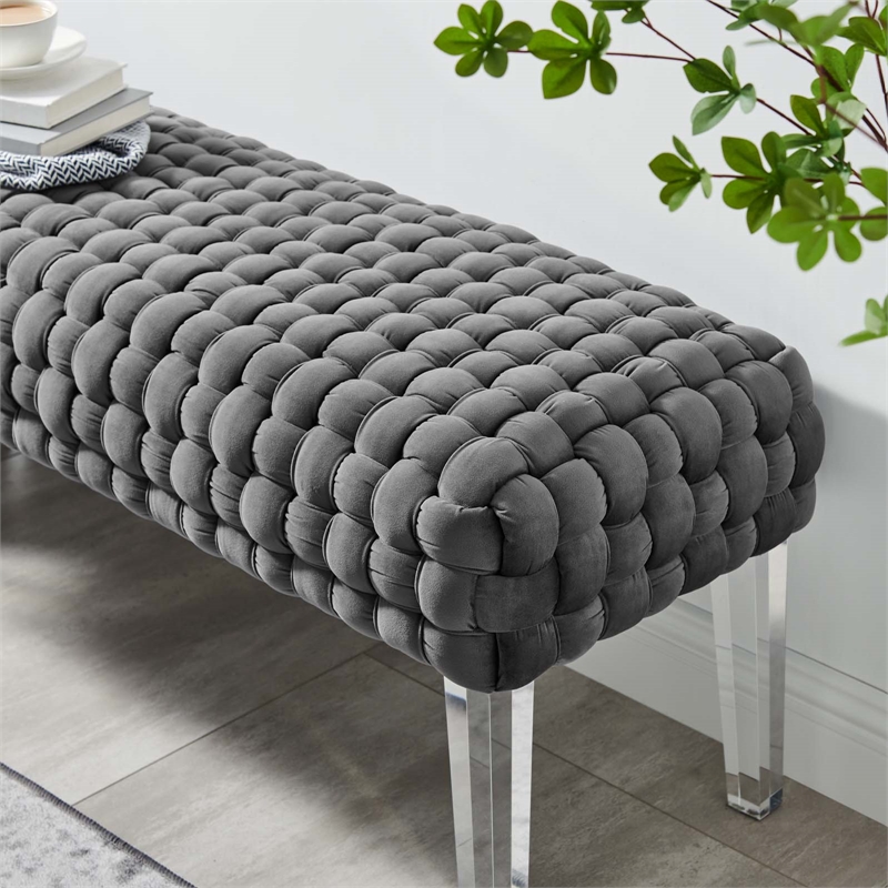 Pemberly Row Velvet Woven Ottoman with Acrylic Legs in Gray