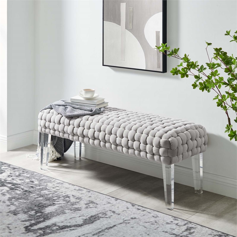 Pemberly Row Velvet Woven Ottoman with Acrylic Legs in Light Gray