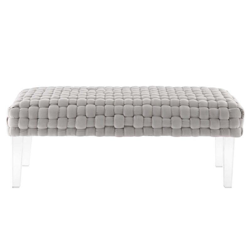 Pemberly Row Velvet Woven Ottoman with Acrylic Legs in Light Gray