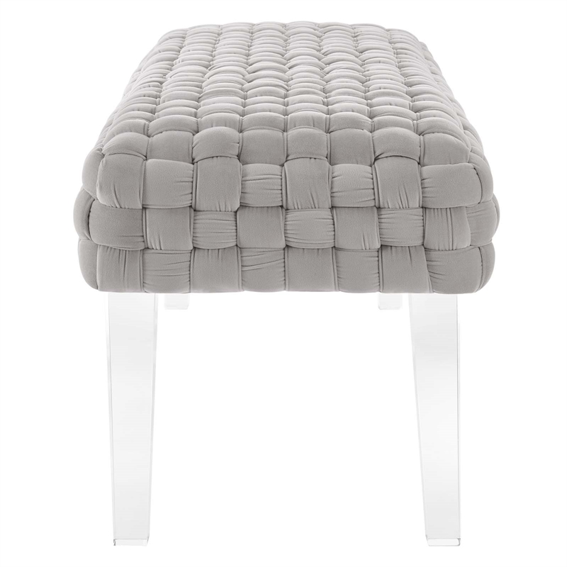 Pemberly Row Velvet Woven Ottoman with Acrylic Legs in Light Gray
