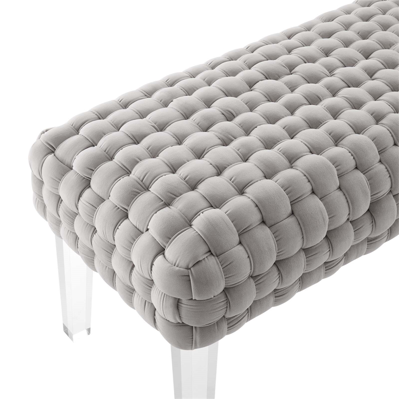 Pemberly Row Velvet Woven Ottoman with Acrylic Legs in Light Gray