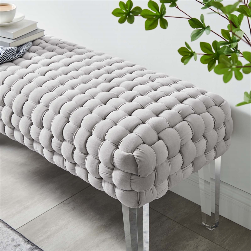 Pemberly Row Velvet Woven Ottoman with Acrylic Legs in Light Gray