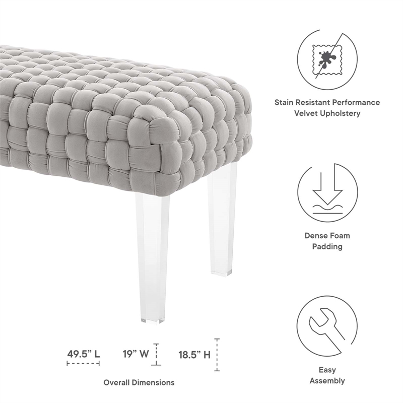 Pemberly Row Velvet Woven Ottoman with Acrylic Legs in Light Gray
