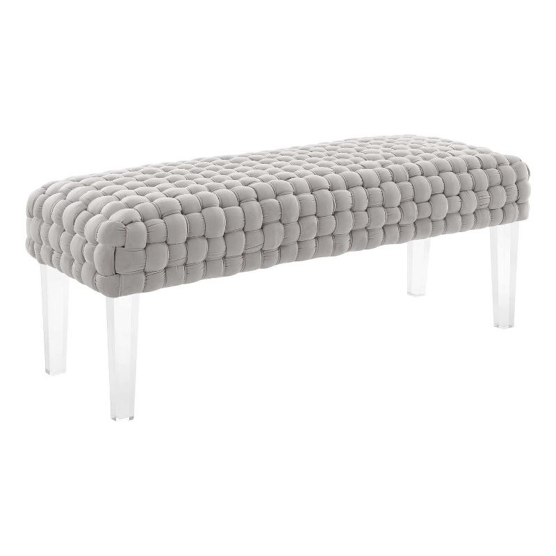 Pemberly Row Velvet Woven Ottoman with Acrylic Legs in Light Gray