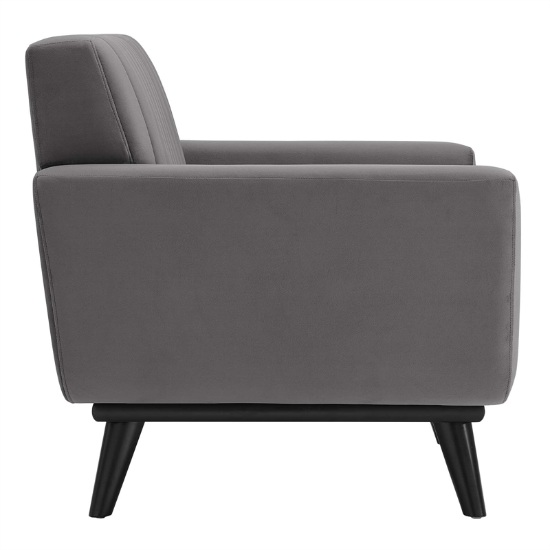 Pemberly Row Channel Tufted Velvet Armchair in Gray with Rubberwood Legs
