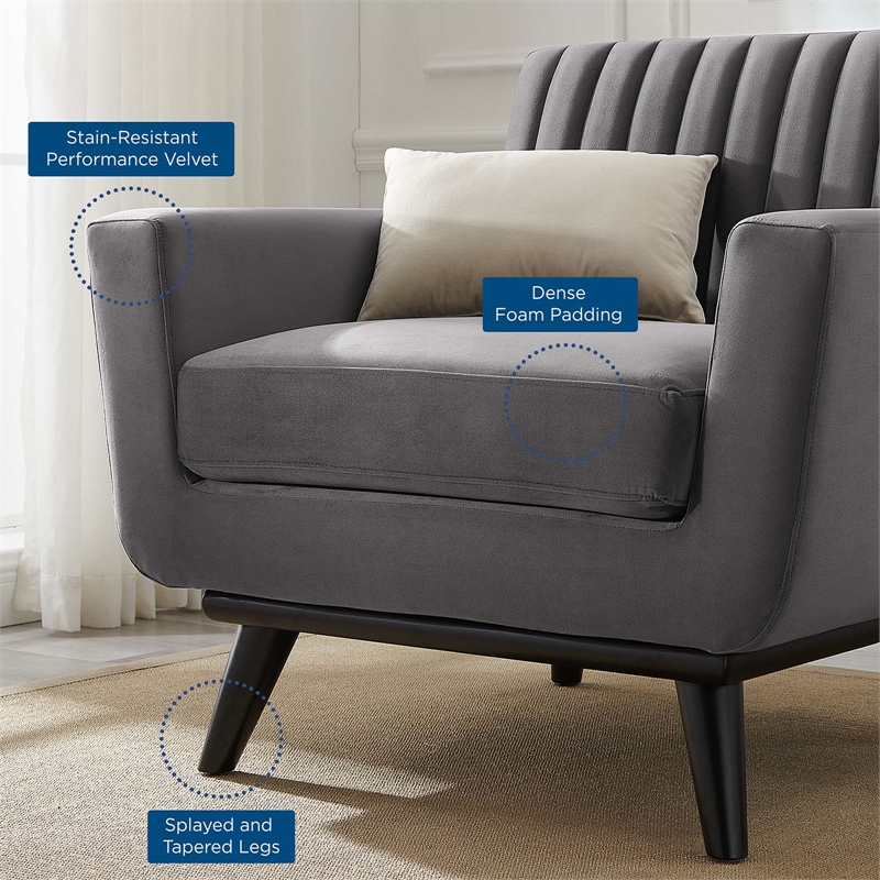 Pemberly Row Channel Tufted Velvet Armchair in Gray with Rubberwood Legs