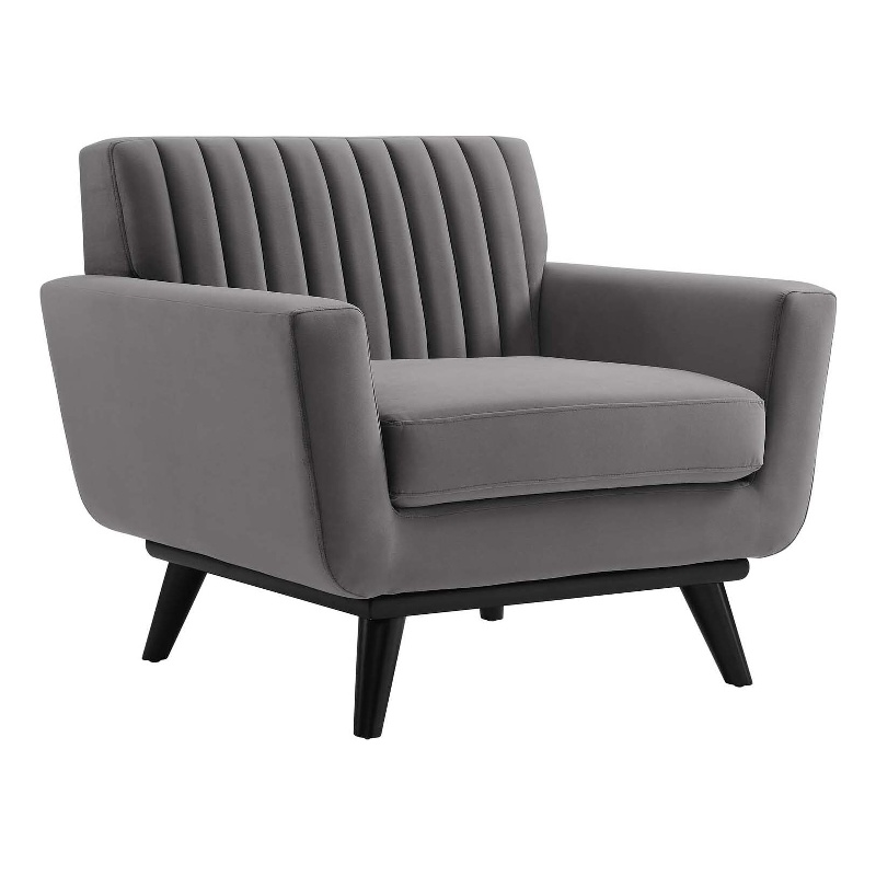 Pemberly Row Channel Tufted Velvet Armchair in Gray with Rubberwood Legs