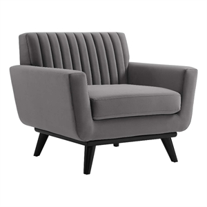 Pemberly Row Channel Tufted Velvet Armchair in Gray with Rubberwood Legs