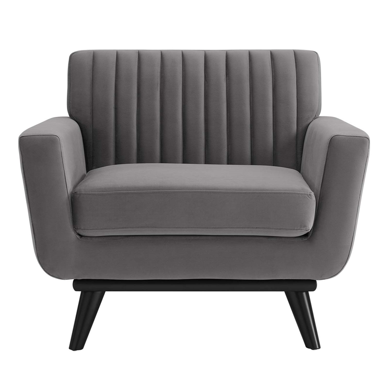 Pemberly Row Channel Tufted Velvet Armchair in Gray with Rubberwood Legs