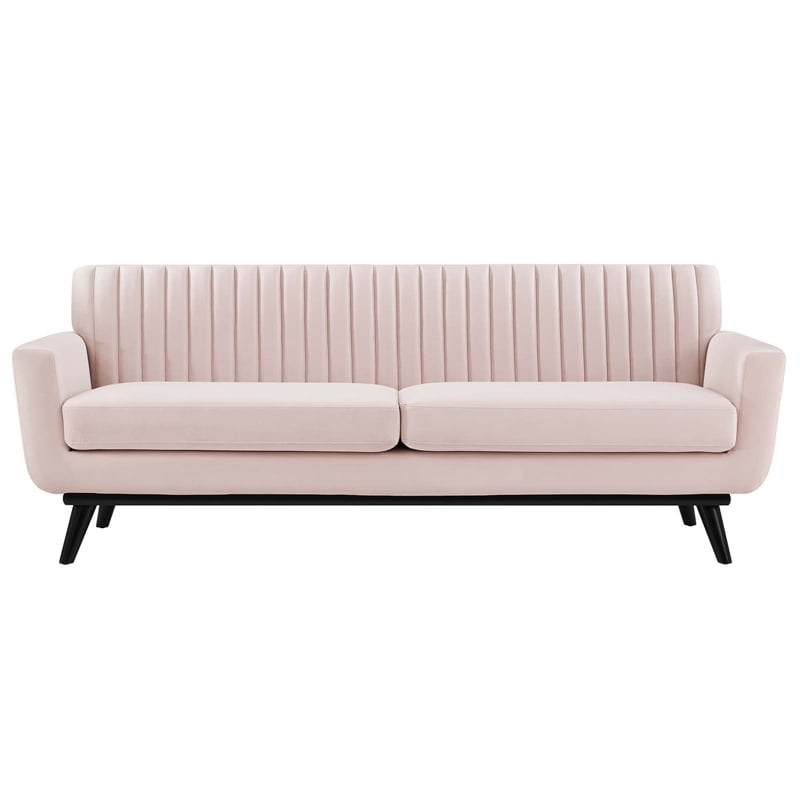 Pemberly Row Modern Channel Tufted Velvet Sofa in Pink Upholstery