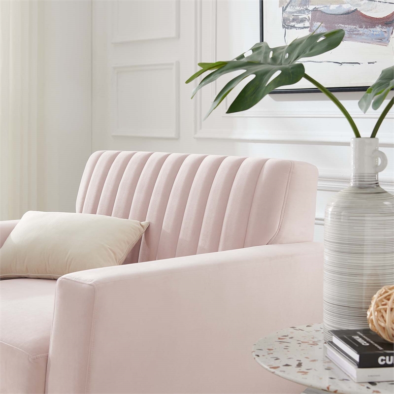Pemberly Row Channel Tufted Velvet Armchair in Pink Upholstery
