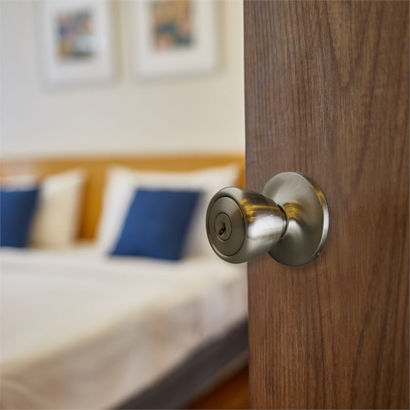 Pemberly Row Terrace 6-Way Keyed Brass Door Knob in Satin Nickel
