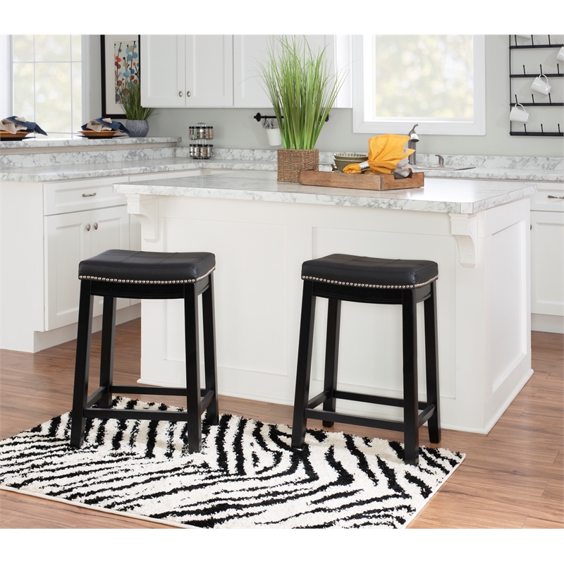 Pemberly Row Set of 2 Counter Stools with Black Faux Leather Seats